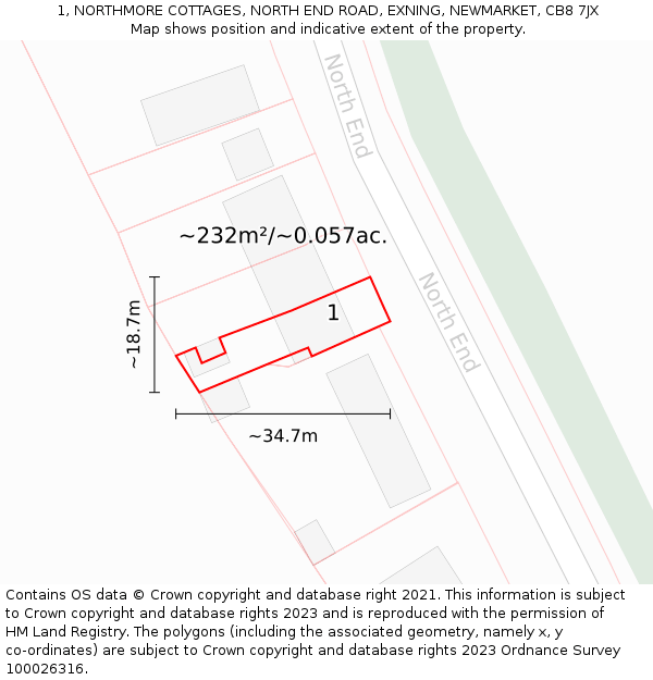 1, NORTHMORE COTTAGES, NORTH END ROAD, EXNING, NEWMARKET, CB8 7JX: Plot and title map