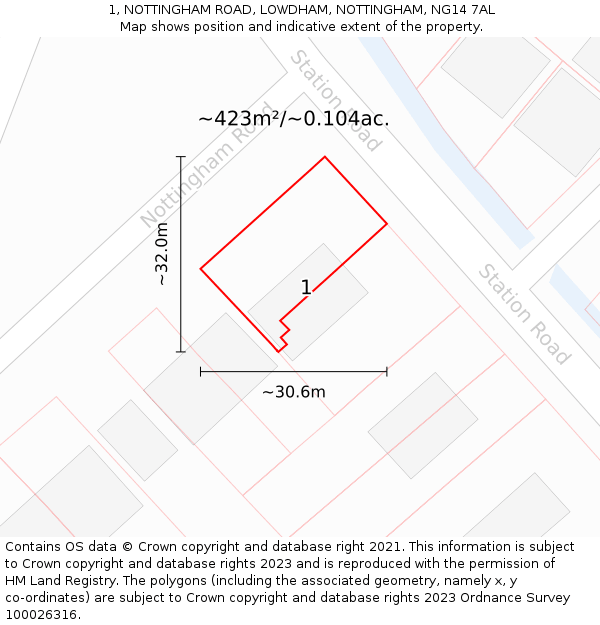 1, NOTTINGHAM ROAD, LOWDHAM, NOTTINGHAM, NG14 7AL: Plot and title map