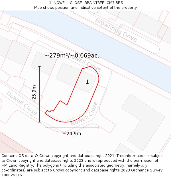 1, NOWELL CLOSE, BRAINTREE, CM7 5BS: Plot and title map