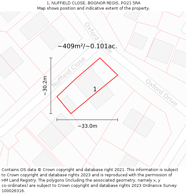1, NUFFIELD CLOSE, BOGNOR REGIS, PO21 5RA: Plot and title map