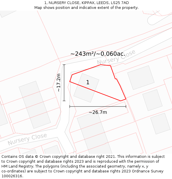 1, NURSERY CLOSE, KIPPAX, LEEDS, LS25 7AD: Plot and title map