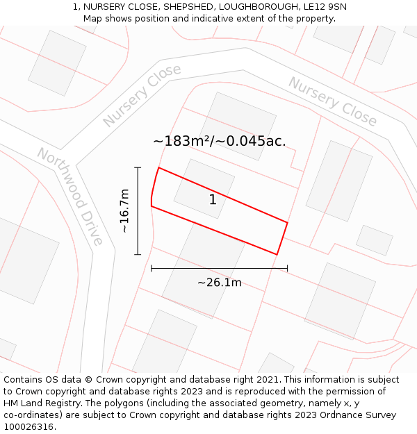 1, NURSERY CLOSE, SHEPSHED, LOUGHBOROUGH, LE12 9SN: Plot and title map