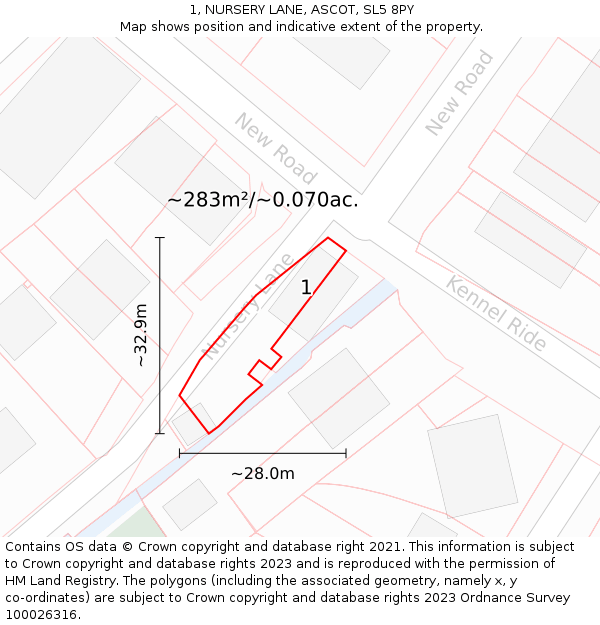 1, NURSERY LANE, ASCOT, SL5 8PY: Plot and title map