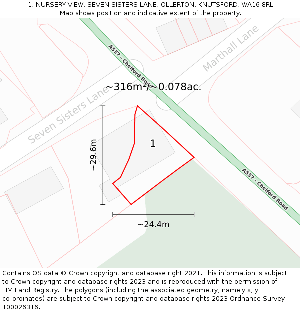 1, NURSERY VIEW, SEVEN SISTERS LANE, OLLERTON, KNUTSFORD, WA16 8RL: Plot and title map