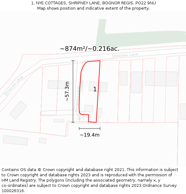 1, NYE COTTAGES, SHRIPNEY LANE, BOGNOR REGIS, PO22 9NU: Plot and title map