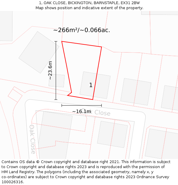 1, OAK CLOSE, BICKINGTON, BARNSTAPLE, EX31 2BW: Plot and title map