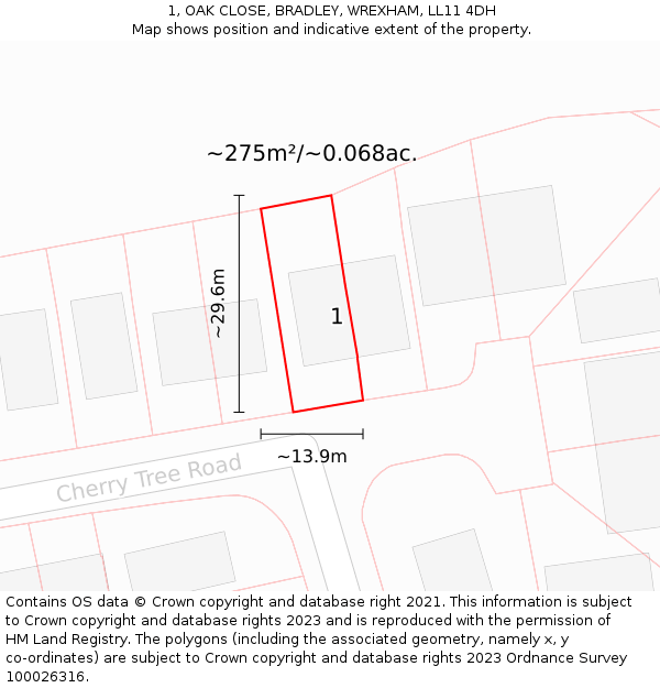 1, OAK CLOSE, BRADLEY, WREXHAM, LL11 4DH: Plot and title map
