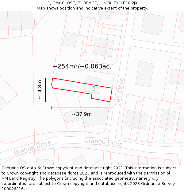 1, OAK CLOSE, BURBAGE, HINCKLEY, LE10 2JX: Plot and title map