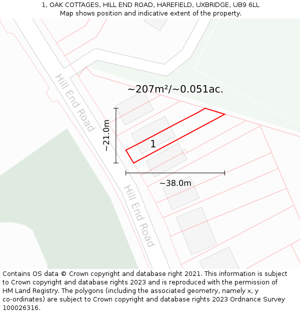 1, OAK COTTAGES, HILL END ROAD, HAREFIELD, UXBRIDGE, UB9 6LL: Plot and title map
