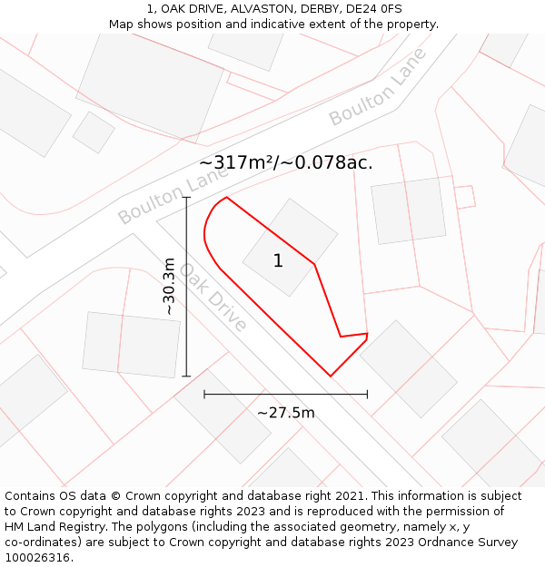 1, OAK DRIVE, ALVASTON, DERBY, DE24 0FS: Plot and title map