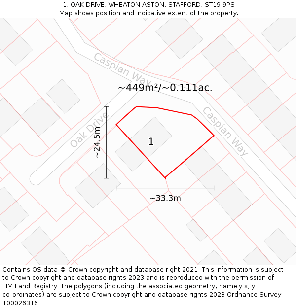 1, OAK DRIVE, WHEATON ASTON, STAFFORD, ST19 9PS: Plot and title map