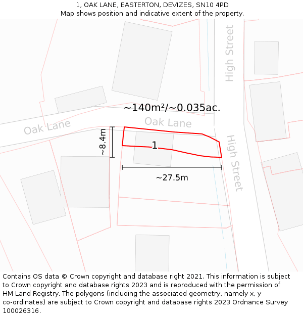 1, OAK LANE, EASTERTON, DEVIZES, SN10 4PD: Plot and title map