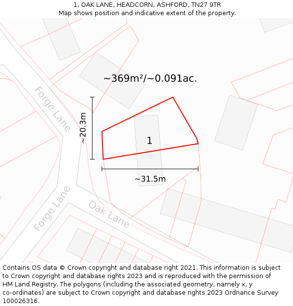 1, OAK LANE, HEADCORN, ASHFORD, TN27 9TR: Plot and title map