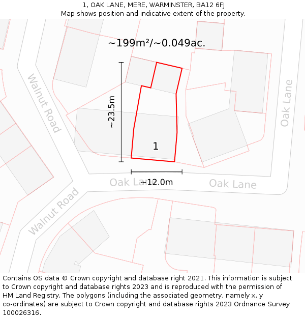 1, OAK LANE, MERE, WARMINSTER, BA12 6FJ: Plot and title map