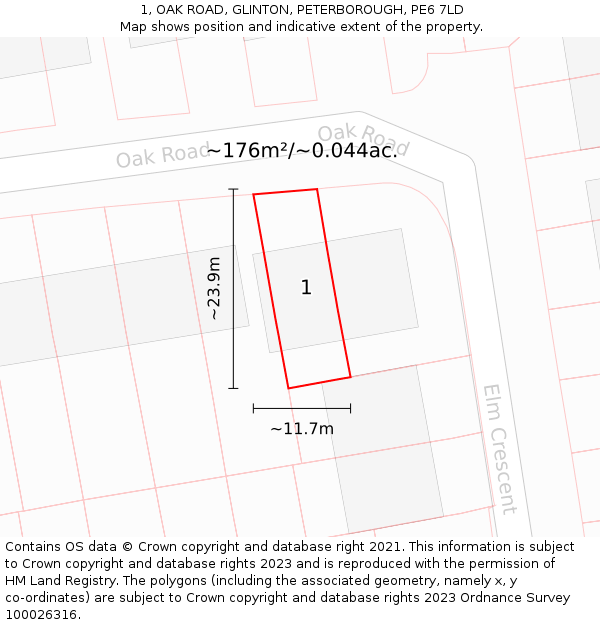 1, OAK ROAD, GLINTON, PETERBOROUGH, PE6 7LD: Plot and title map