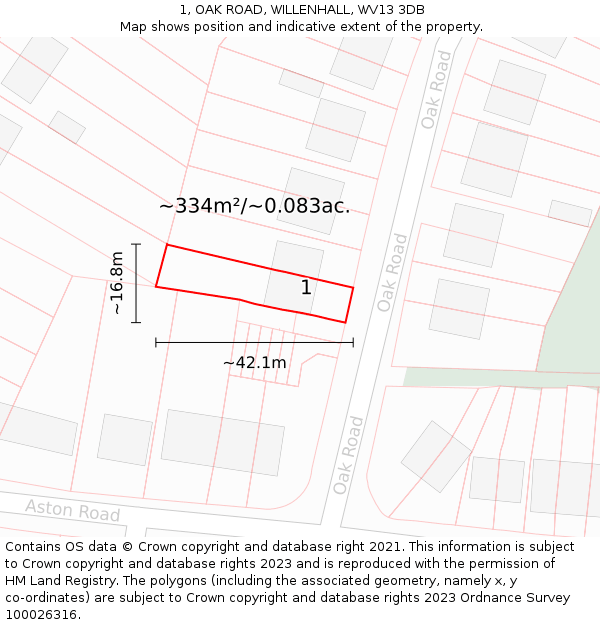 1, OAK ROAD, WILLENHALL, WV13 3DB: Plot and title map