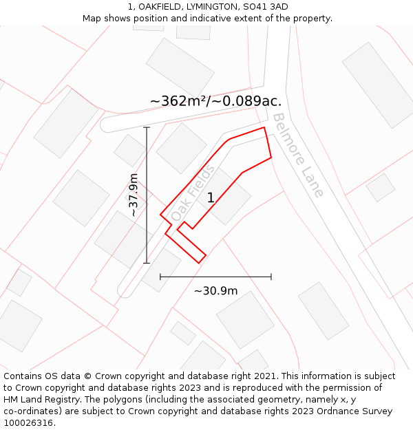 1, OAKFIELD, LYMINGTON, SO41 3AD: Plot and title map