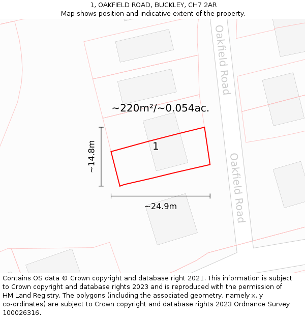 1, OAKFIELD ROAD, BUCKLEY, CH7 2AR: Plot and title map