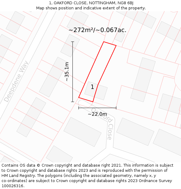 1, OAKFORD CLOSE, NOTTINGHAM, NG8 6BJ: Plot and title map