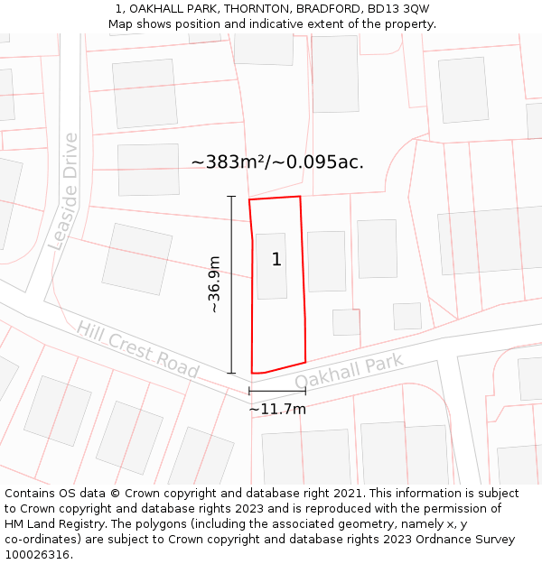 1, OAKHALL PARK, THORNTON, BRADFORD, BD13 3QW: Plot and title map