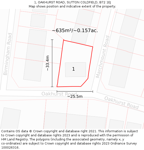 1, OAKHURST ROAD, SUTTON COLDFIELD, B72 1EJ: Plot and title map