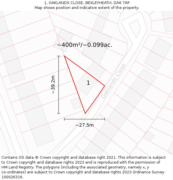 1, OAKLANDS CLOSE, BEXLEYHEATH, DA6 7AP: Plot and title map