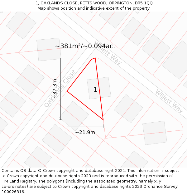 1, OAKLANDS CLOSE, PETTS WOOD, ORPINGTON, BR5 1QQ: Plot and title map