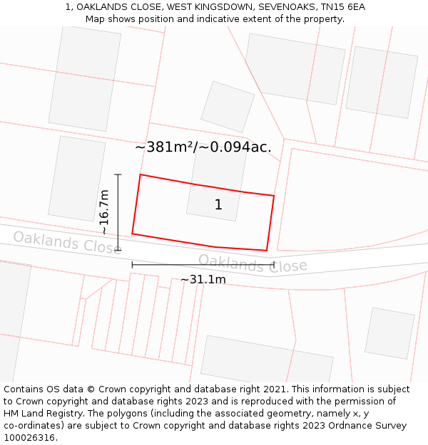 1, OAKLANDS CLOSE, WEST KINGSDOWN, SEVENOAKS, TN15 6EA: Plot and title map