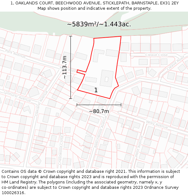 1, OAKLANDS COURT, BEECHWOOD AVENUE, STICKLEPATH, BARNSTAPLE, EX31 2EY: Plot and title map