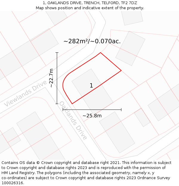 1, OAKLANDS DRIVE, TRENCH, TELFORD, TF2 7DZ: Plot and title map