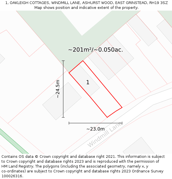 1, OAKLEIGH COTTAGES, WINDMILL LANE, ASHURST WOOD, EAST GRINSTEAD, RH19 3SZ: Plot and title map