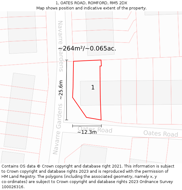 1, OATES ROAD, ROMFORD, RM5 2DX: Plot and title map
