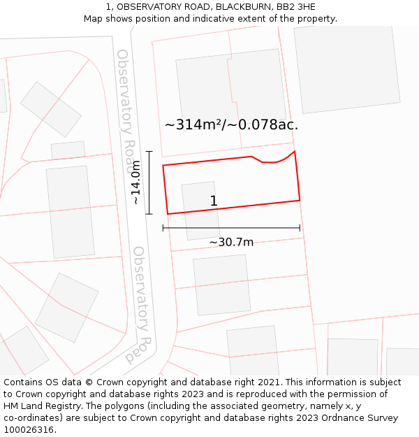 1, OBSERVATORY ROAD, BLACKBURN, BB2 3HE: Plot and title map
