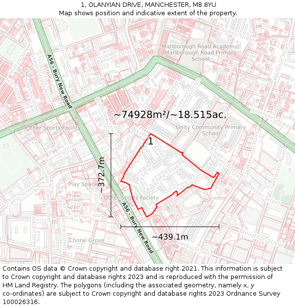 1, OLANYIAN DRIVE, MANCHESTER, M8 8YU: Plot and title map
