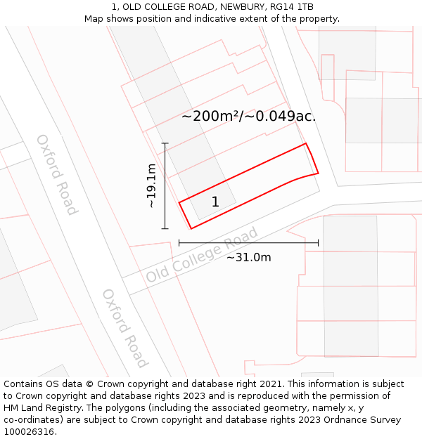 1, OLD COLLEGE ROAD, NEWBURY, RG14 1TB: Plot and title map
