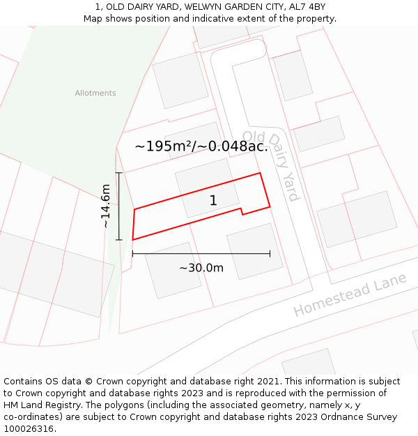 1, OLD DAIRY YARD, WELWYN GARDEN CITY, AL7 4BY: Plot and title map