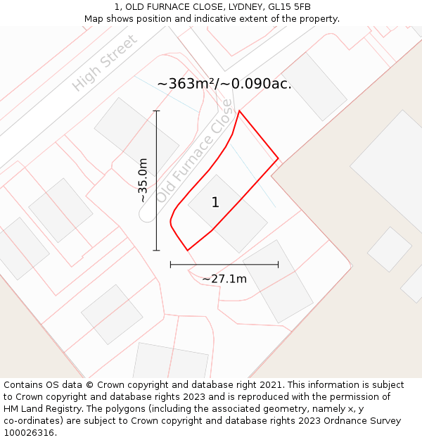 1, OLD FURNACE CLOSE, LYDNEY, GL15 5FB: Plot and title map