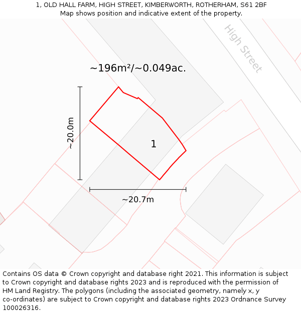 1, OLD HALL FARM, HIGH STREET, KIMBERWORTH, ROTHERHAM, S61 2BF: Plot and title map
