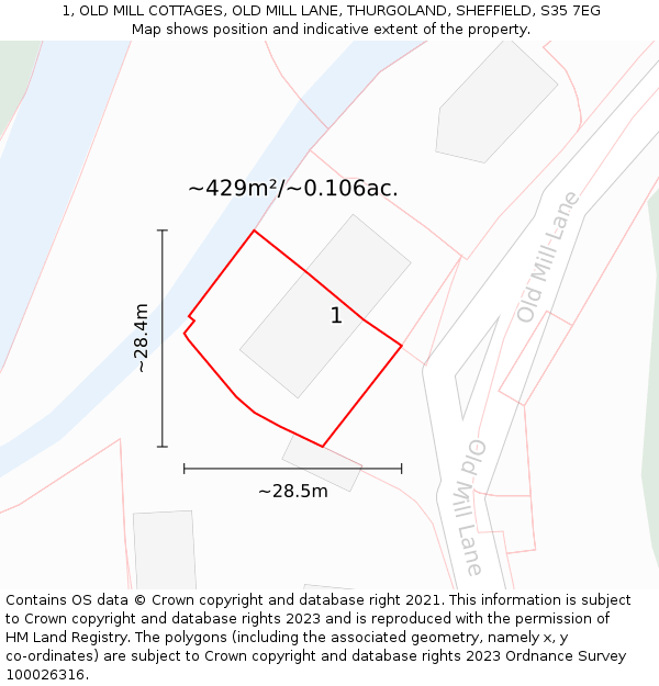 1, OLD MILL COTTAGES, OLD MILL LANE, THURGOLAND, SHEFFIELD, S35 7EG: Plot and title map