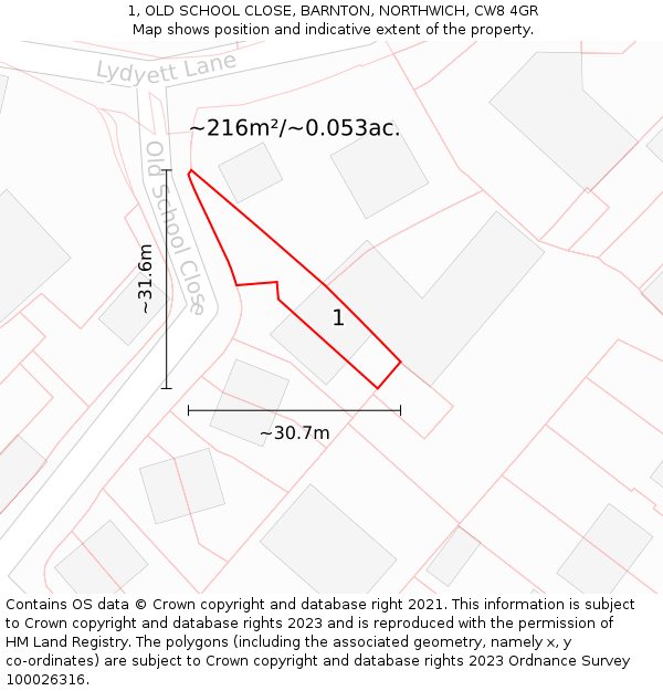 1, OLD SCHOOL CLOSE, BARNTON, NORTHWICH, CW8 4GR: Plot and title map