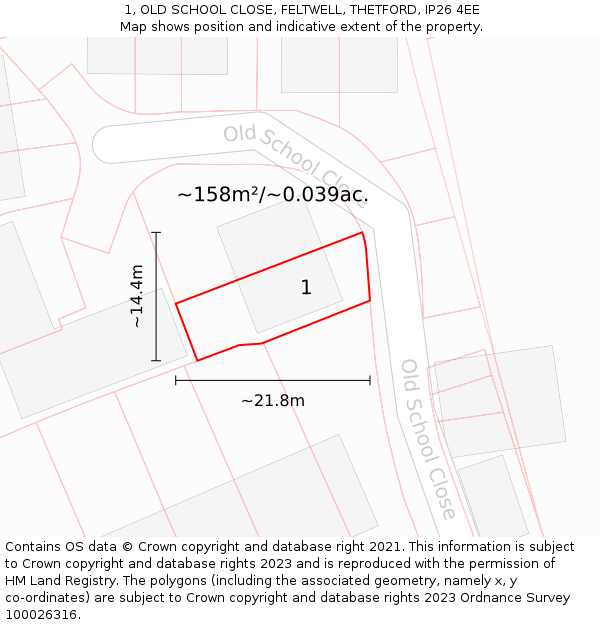 1, OLD SCHOOL CLOSE, FELTWELL, THETFORD, IP26 4EE: Plot and title map