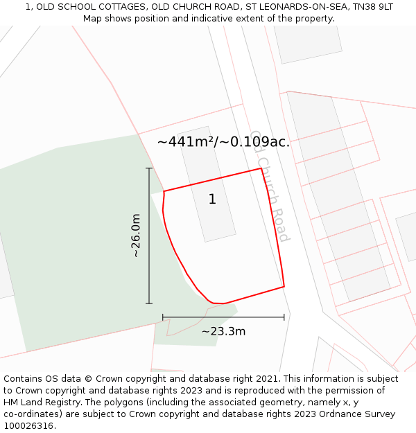 1, OLD SCHOOL COTTAGES, OLD CHURCH ROAD, ST LEONARDS-ON-SEA, TN38 9LT: Plot and title map