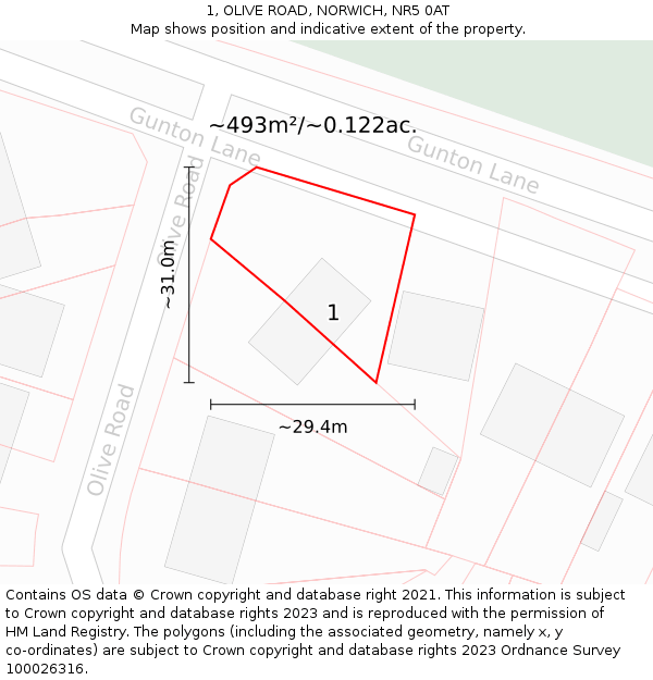 1, OLIVE ROAD, NORWICH, NR5 0AT: Plot and title map