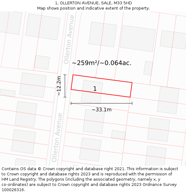 1, OLLERTON AVENUE, SALE, M33 5HD: Plot and title map
