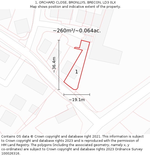 1, ORCHARD CLOSE, BRONLLYS, BRECON, LD3 0LX: Plot and title map