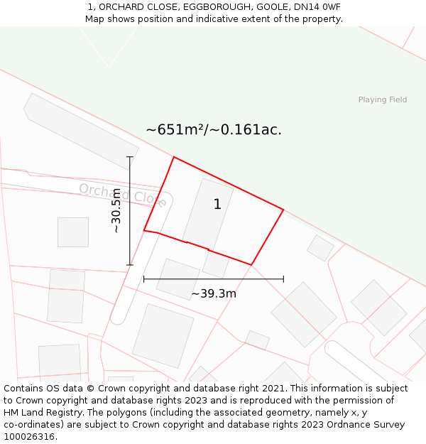 1, ORCHARD CLOSE, EGGBOROUGH, GOOLE, DN14 0WF: Plot and title map