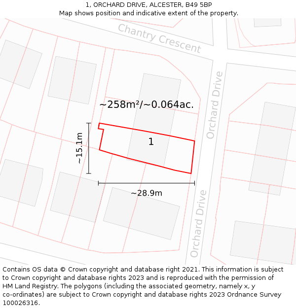 1, ORCHARD DRIVE, ALCESTER, B49 5BP: Plot and title map