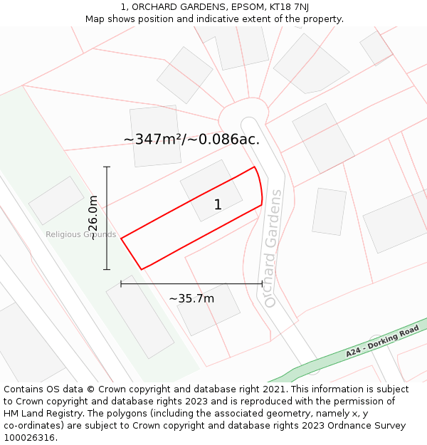 1, ORCHARD GARDENS, EPSOM, KT18 7NJ: Plot and title map