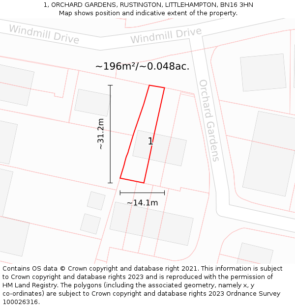 1, ORCHARD GARDENS, RUSTINGTON, LITTLEHAMPTON, BN16 3HN: Plot and title map