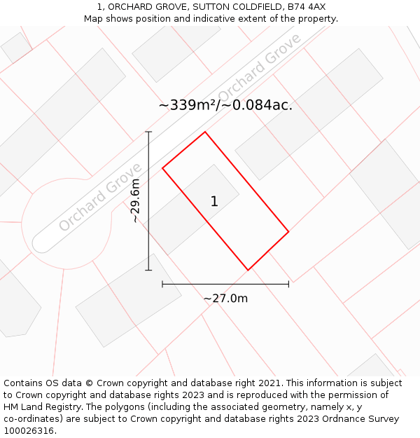 1, ORCHARD GROVE, SUTTON COLDFIELD, B74 4AX: Plot and title map